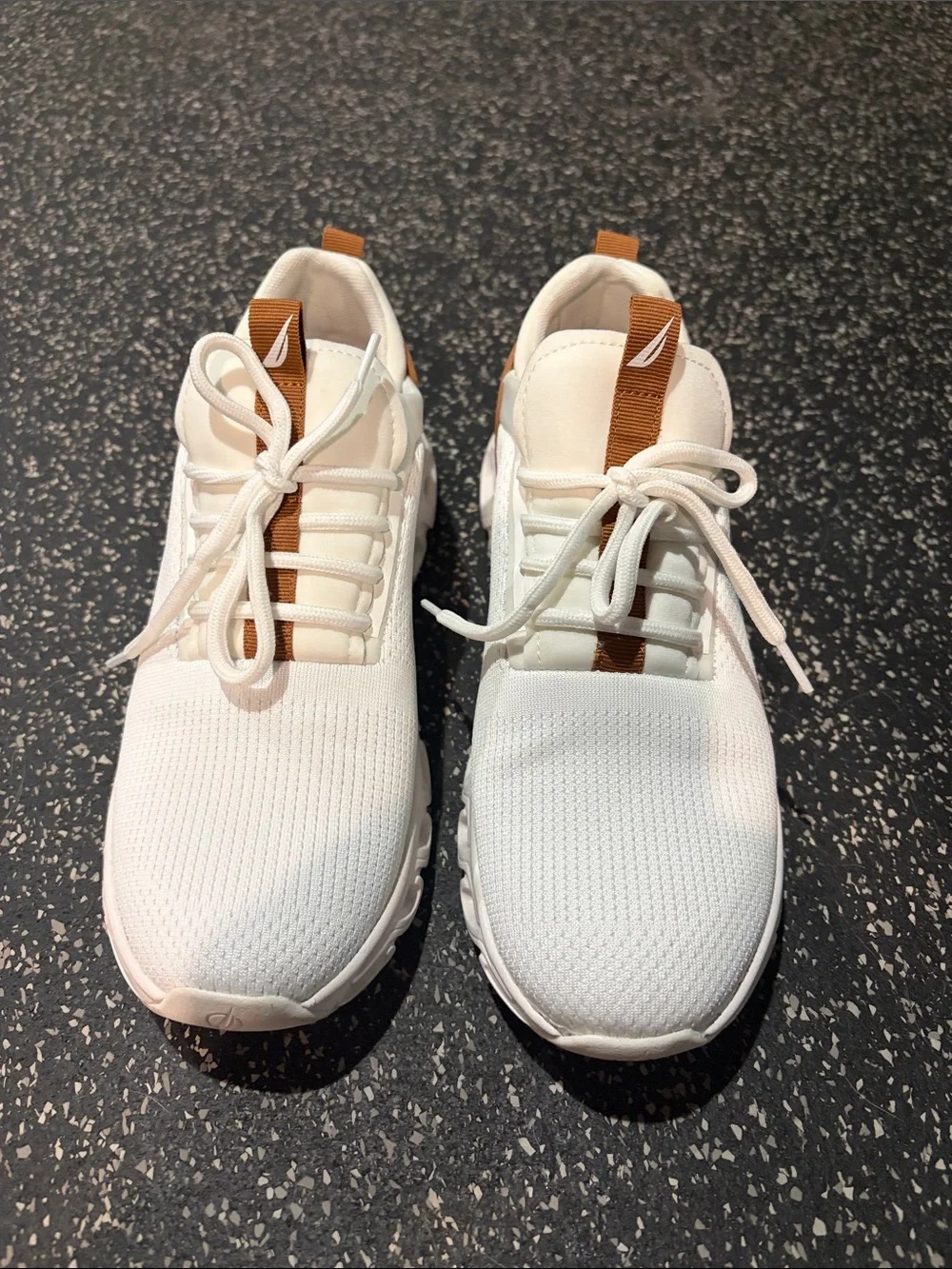Nautica Women's White Knit Lace-Up Sneakers with Tan Accents